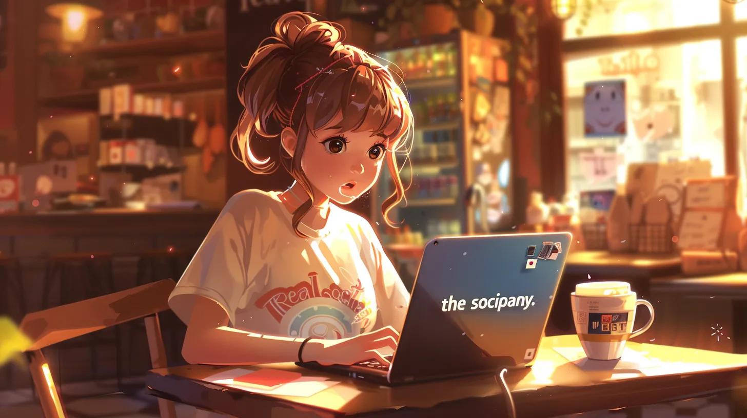 in a cozy coffee shop, an anime-style girl intensely focuses on her laptop, wearing a t-shirt that reads - The Real Social Company - Columbus Web Design, SEO, Social in a cozy coffee shop, an anime-style girl intensely focuses on her laptop, wearing a t-shirt that reads