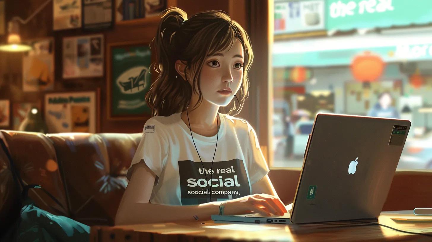 in a cozy coffee shop setting, a focused girl with vibrant anime features works intently on her laptop, embodying the essence of responsive community management as her shirt boldly proclaims 