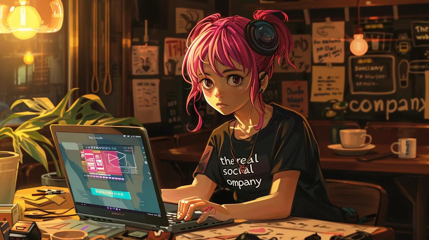 in a cozy coffee shop setting, an anime-styled girl with vibrant hair focuses intently on her laptop, surrounded by notes about web design packages, her t-shirt emblazoned with - The Real Social Company - Social Media Managment - Web Design in a cozy coffee shop setting, an anime-styled girl with vibrant hair focuses intently on her laptop, surrounded by notes about web design packages, her t-shirt emblazoned with