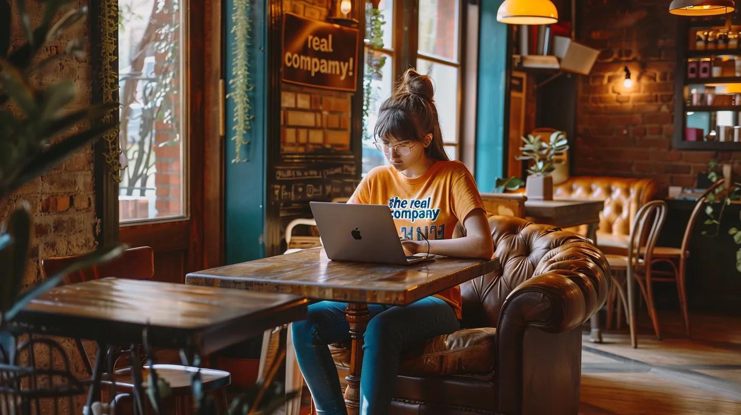 in a cozy, modern coffee shop in columbus, an anime-style girl sits focused at a sleek table with her laptop, showcasing a vibrant t-shirt that reads - The Real Social Company - Social Media Managment - Web Design in a cozy, modern coffee shop in columbus, an anime-style girl sits focused at a sleek table with her laptop, showcasing a vibrant t-shirt that reads