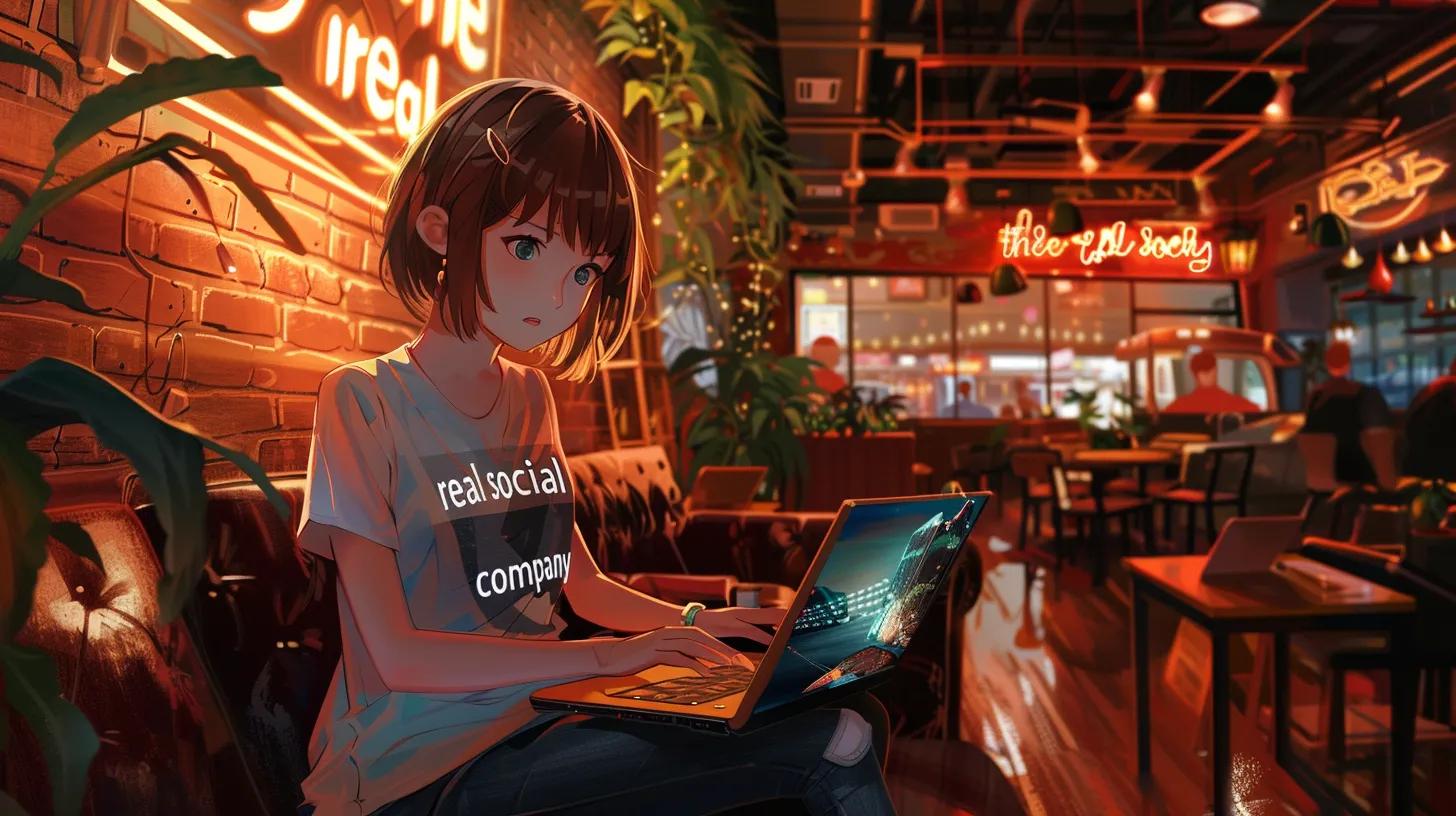 in a cozy, modern coffee shop in columbus, an anime-style girl wearing a t-shirt that reads - The Real Social Company - Social Media Managment - Web Design in a cozy, modern coffee shop in columbus, an anime-style girl wearing a t-shirt that reads