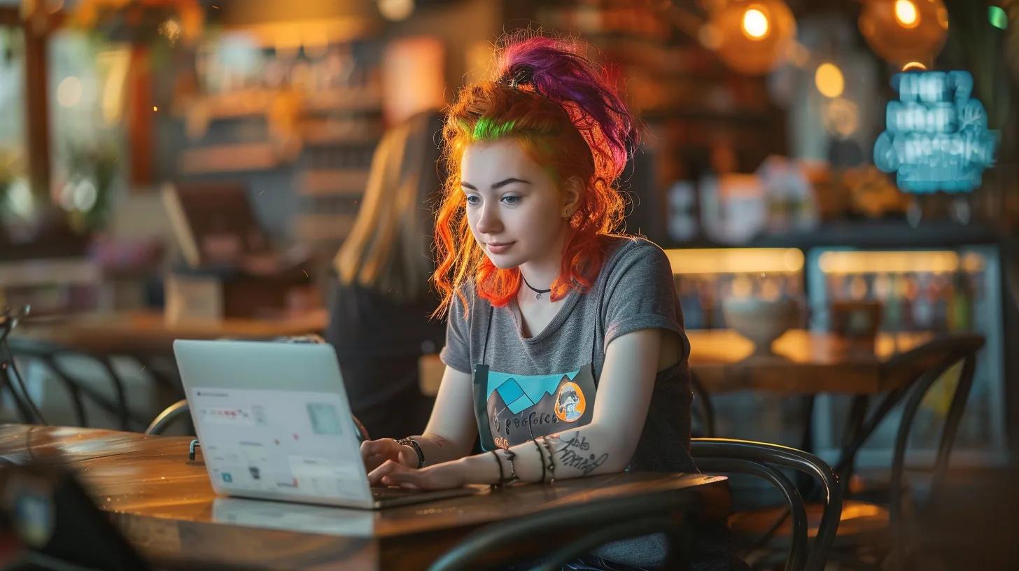 in a cozy urban coffee shop, an animated girl with vibrant hair sits focused at a laptop adorned with colorful design elements, embodying the essence of conversion rate optimization as her shirt boldly proclaims - The Real Social Company - Social Media Managment - Web Design in a cozy urban coffee shop, an animated girl with vibrant hair sits focused at a laptop adorned with colorful design elements, embodying the essence of conversion rate optimization as her shirt boldly proclaims