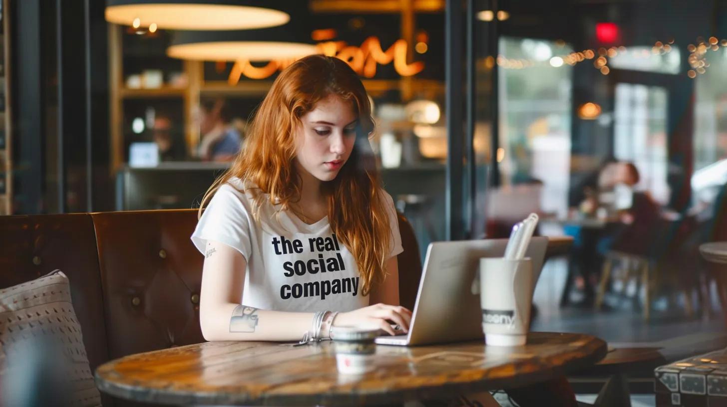in a modern coffee shop, a focused girl wearing a t-shirt that reads - The Real Social Company - Columbus Web Design, SEO, Social in a modern coffee shop, a focused girl wearing a t-shirt that reads