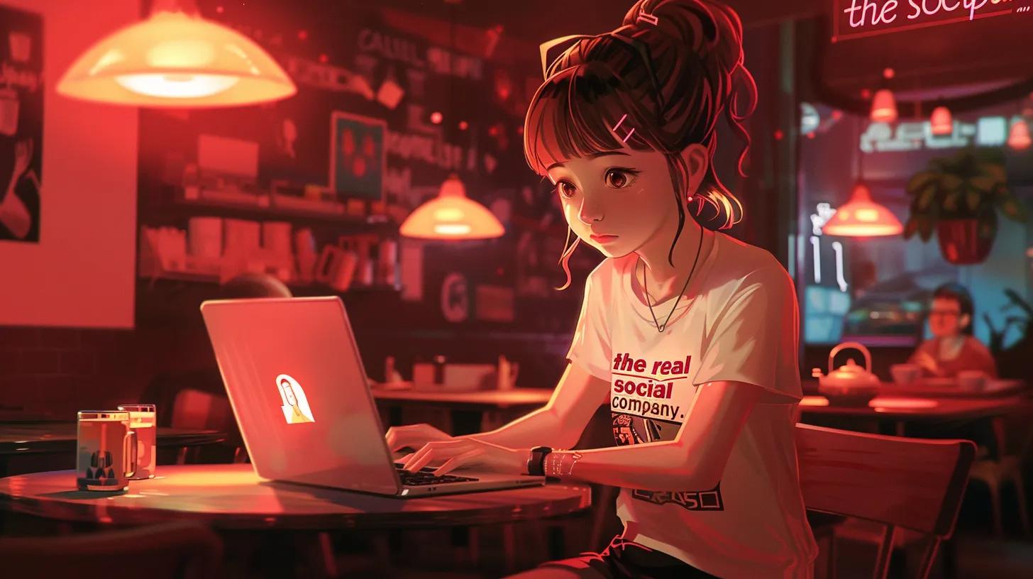 in a vibrant, anime-style coffee shop setting, a focused girl works intently on her laptop, her t-shirt emblazoned with - The Real Social Company - Social Media Managment - Web Design in a vibrant, anime-style coffee shop setting, a focused girl works intently on her laptop, her t-shirt emblazoned with