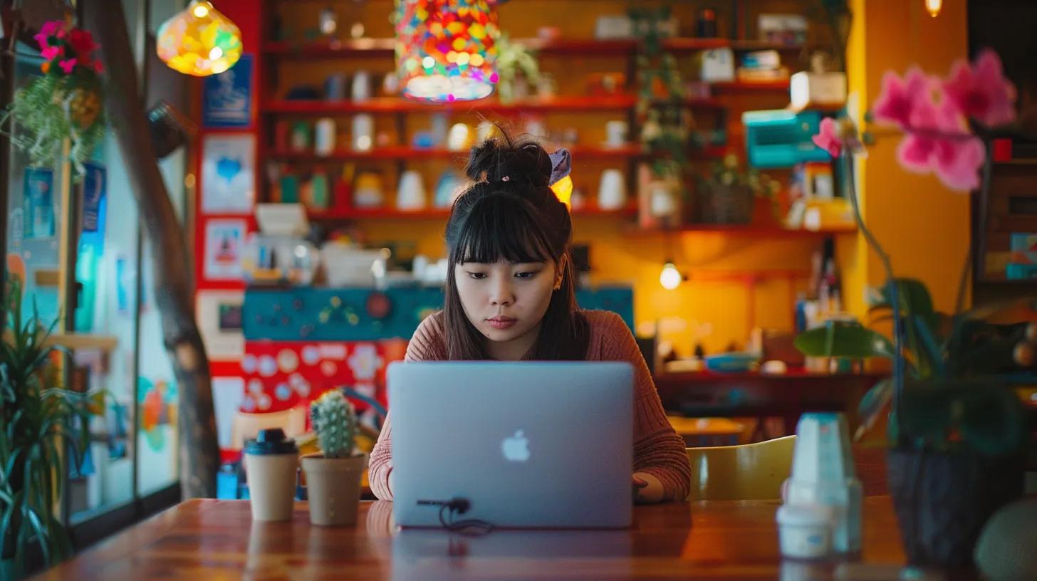 in a vibrant coffee shop, a focused girl with anime features works intently on her laptop, embodying the synergy of modern web design and seo, surrounded by colorful decor that reflects creativity and innovation. - The Real Social Company - Columbus Web Design, SEO, Social in a vibrant coffee shop, a focused girl with anime features works intently on her laptop, embodying the synergy of modern web design and seo, surrounded by colorful decor that reflects creativity and innovation.