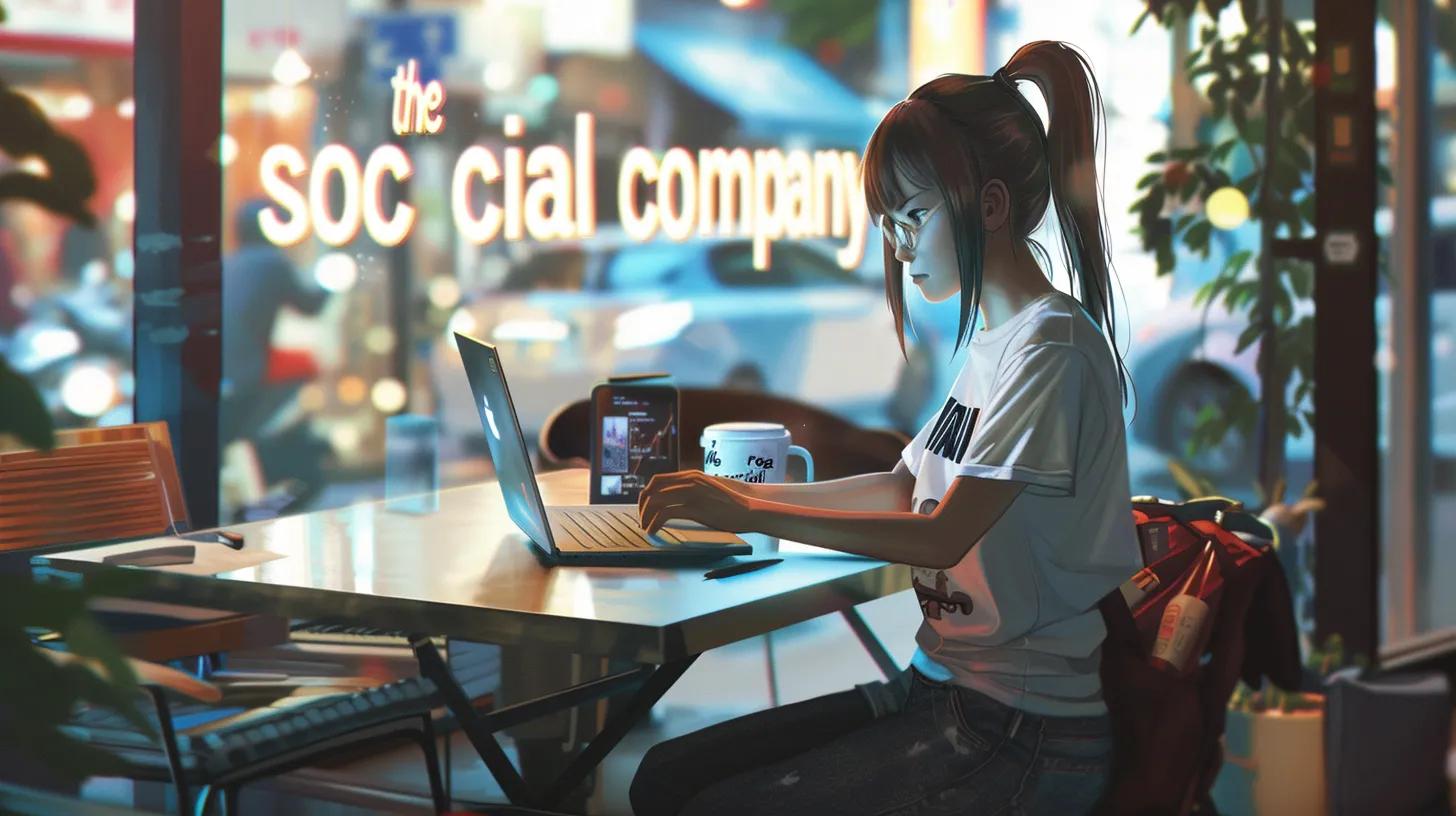 in a vibrant coffee shop, a focused girl with an anime-inspired design sits at a sleek table, intently working on her laptop, embodying the seamless user experience of responsive design as the bright interior contrasts with the text on her t-shirt, - The Real Social Company - Social Media Managment - Web Design in a vibrant coffee shop, a focused girl with an anime-inspired design sits at a sleek table, intently working on her laptop, embodying the seamless user experience of responsive design as the bright interior contrasts with the text on her t-shirt,