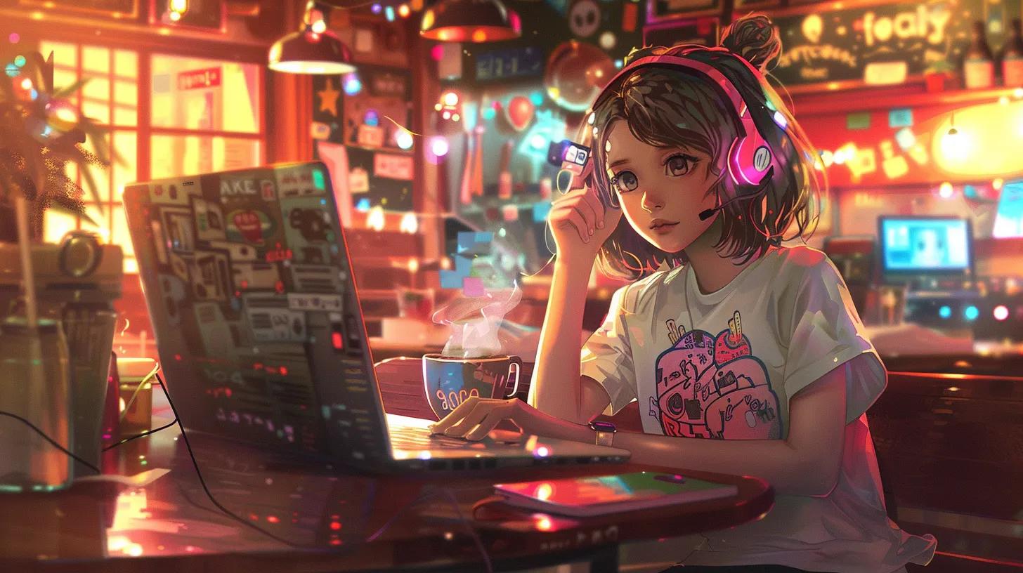 in a vibrant coffee shop, a focused girl in an anime style sits at a table with a laptop, surrounded by colorful notebooks and a steaming cup, embodying the essence of dynamic social media strategy development while wearing a tshirt that boldly reads - The Real Social Company - Social Media Managment - Web Design in a vibrant coffee shop, a focused girl in an anime style sits at a table with a laptop, surrounded by colorful notebooks and a steaming cup, embodying the essence of dynamic social media strategy development while wearing a tshirt that boldly reads