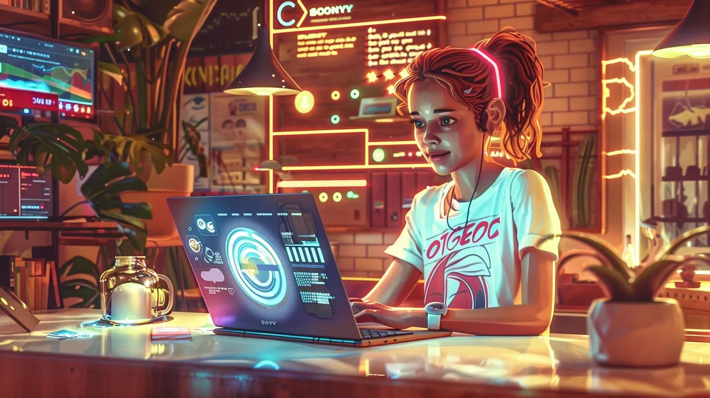 in a vibrant coffee shop, an anime-style girl intently analyzes seo performance on her laptop, surrounded by digital charts and metrics representing google analytics, semrush, and moz, while her t-shirt boldly proclaims - The Real Social Company - Social Media Managment - Web Design in a vibrant coffee shop, an anime-style girl intently analyzes seo performance on her laptop, surrounded by digital charts and metrics representing google analytics, semrush, and moz, while her t-shirt boldly proclaims