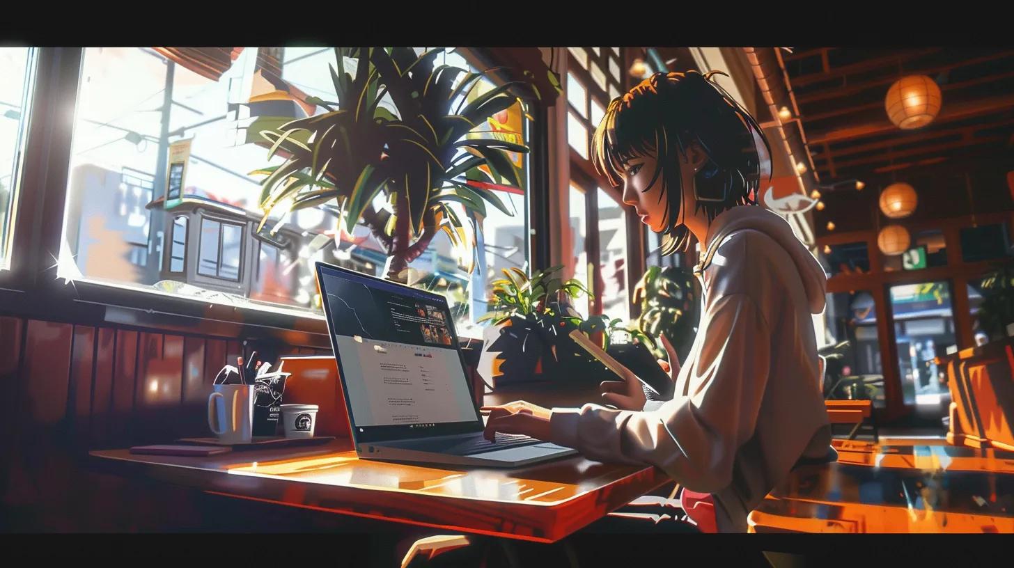 in a vibrant coffee shop, an anime-style girl with focused determination types on her laptop, surrounded by case studies and client success charts displayed on nearby tables, embodying the spirit of innovative web design in columbus. - The Real Social Company - Social Media Managment - Web Design in a vibrant coffee shop, an anime-style girl with focused determination types on her laptop, surrounded by case studies and client success charts displayed on nearby tables, embodying the spirit of innovative web design in columbus.