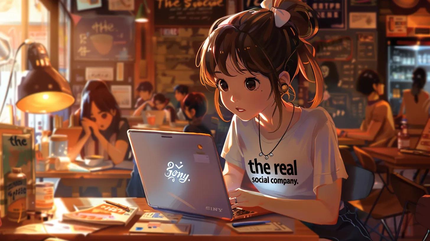 in a vibrant coffee shop, an anime-style girl diligently works on her laptop, her shirt proclaiming - The Real Social Company - Columbus Web Design, SEO, Social in a vibrant coffee shop, an anime-style girl diligently works on her laptop, her shirt proclaiming