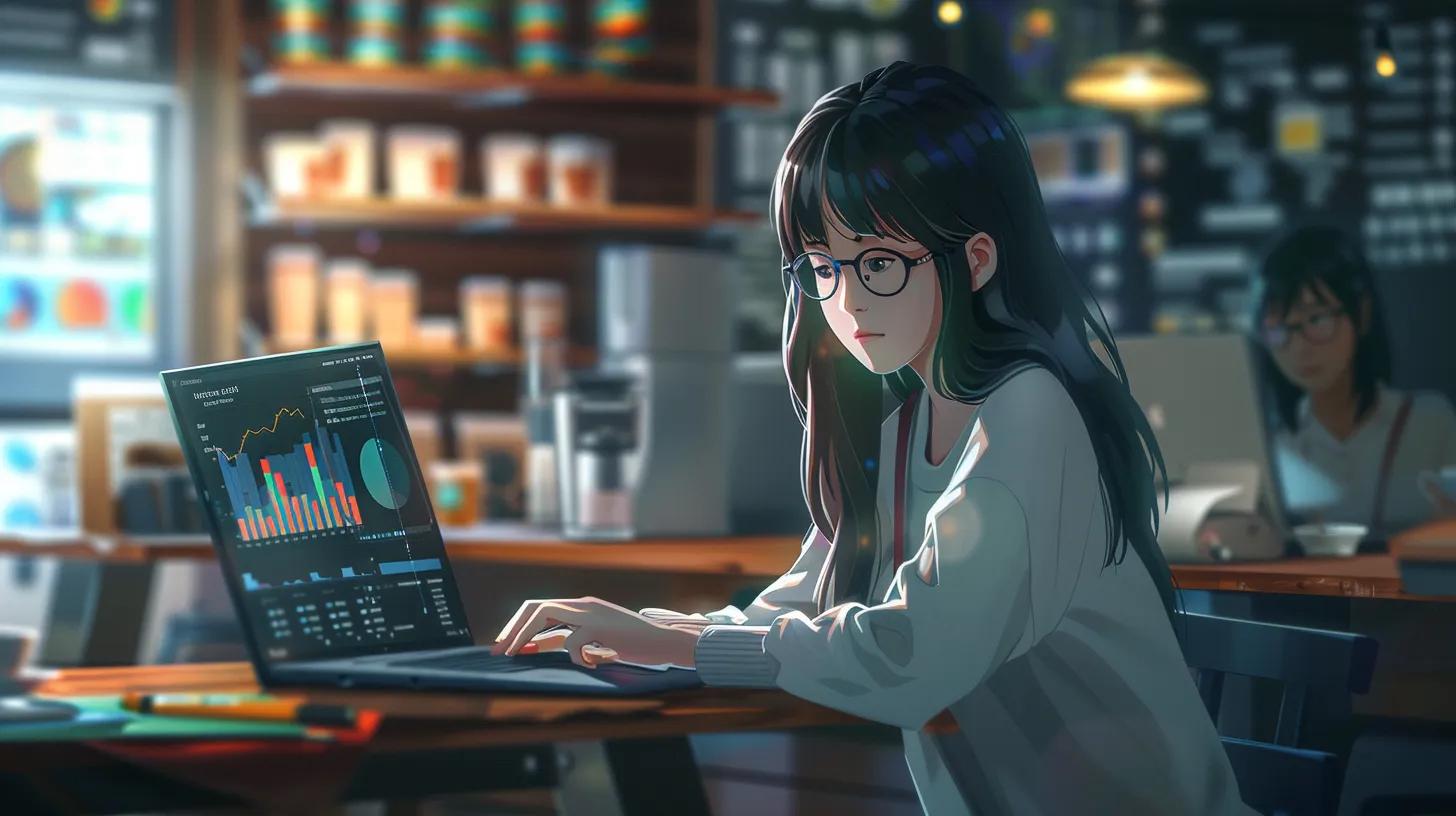 in a vibrant coffee shop, an anime-style girl intently focuses on her laptop, surrounded by dynamic charts and analytics on the screen, embodying the theme of how ohio businesses can leverage data to enhance their online strategies. - The Real Social Company - Social Media Managment - Web Design in a vibrant coffee shop, an anime-style girl intently focuses on her laptop, surrounded by dynamic charts and analytics on the screen, embodying the theme of how ohio businesses can leverage data to enhance their online strategies.