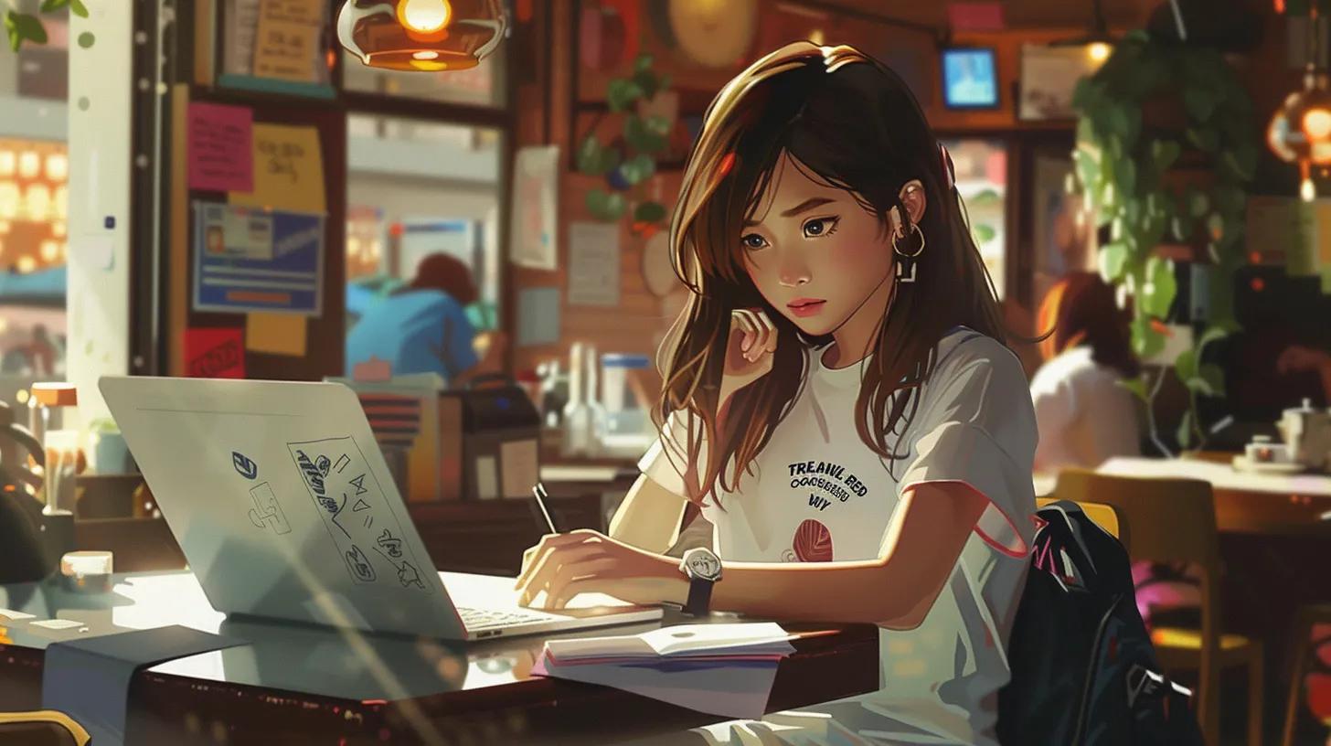in a vibrant coffee shop, an anime-style girl focusedly works on her laptop, surrounded by design sketches and notes related to columbus website design services, with her t-shirt boldly proclaiming - The Real Social Company - Social Media Managment - Web Design in a vibrant coffee shop, an anime-style girl focusedly works on her laptop, surrounded by design sketches and notes related to columbus website design services, with her t-shirt boldly proclaiming