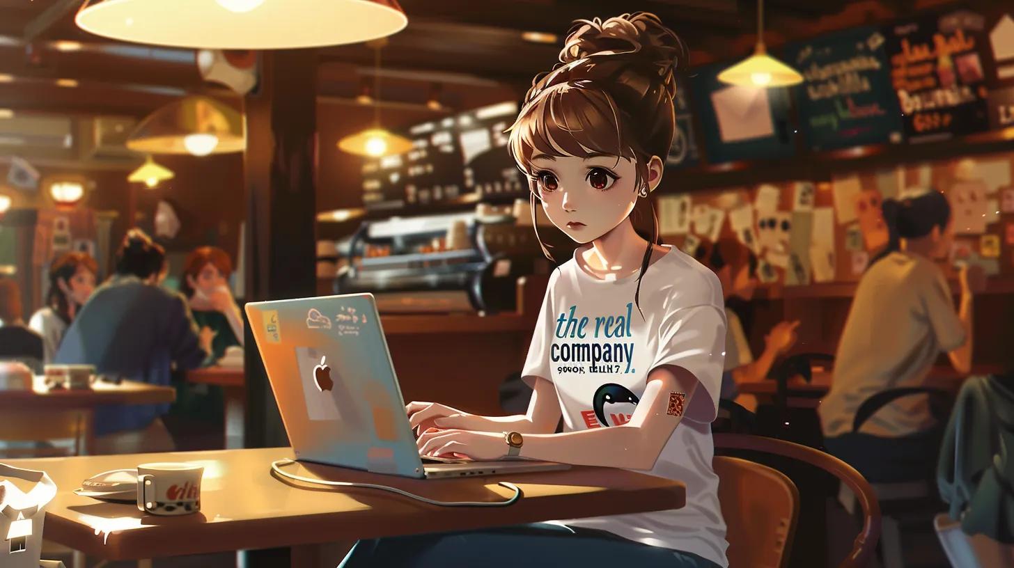 in a vibrant coffee shop, an anime-style girl focused intently on her laptop embodies the essence of social media management, with her t-shirt proudly displaying - The Real Social Company - Social Media Managment - Web Design in a vibrant coffee shop, an anime-style girl focused intently on her laptop embodies the essence of social media management, with her t-shirt proudly displaying