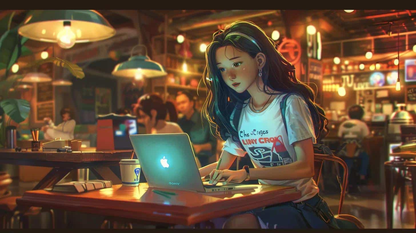 in a vibrant coffee shop, an anime-style girl intently works on her laptop, surrounded by the bustling urban atmosphere, embodying the essence of a modern social media strategist with her t-shirt boldly declaring 