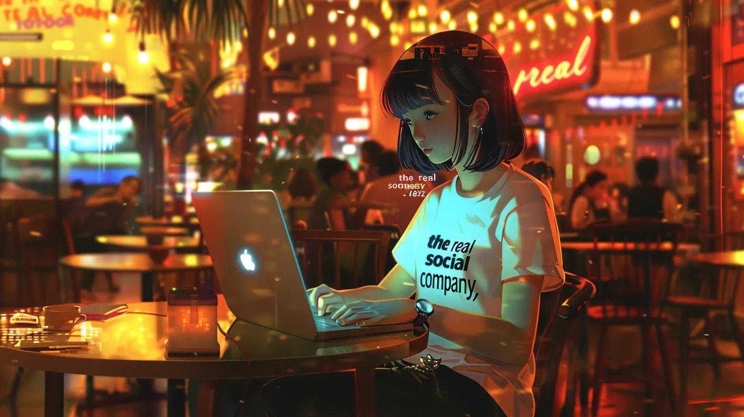in a vibrant coffee shop bustling with energy, an anime-style girl intently works on her laptop, wearing a t-shirt emblazoned with - The Real Social Company - Columbus Web Design, SEO, Social in a vibrant coffee shop bustling with energy, an anime-style girl intently works on her laptop, wearing a t-shirt emblazoned with