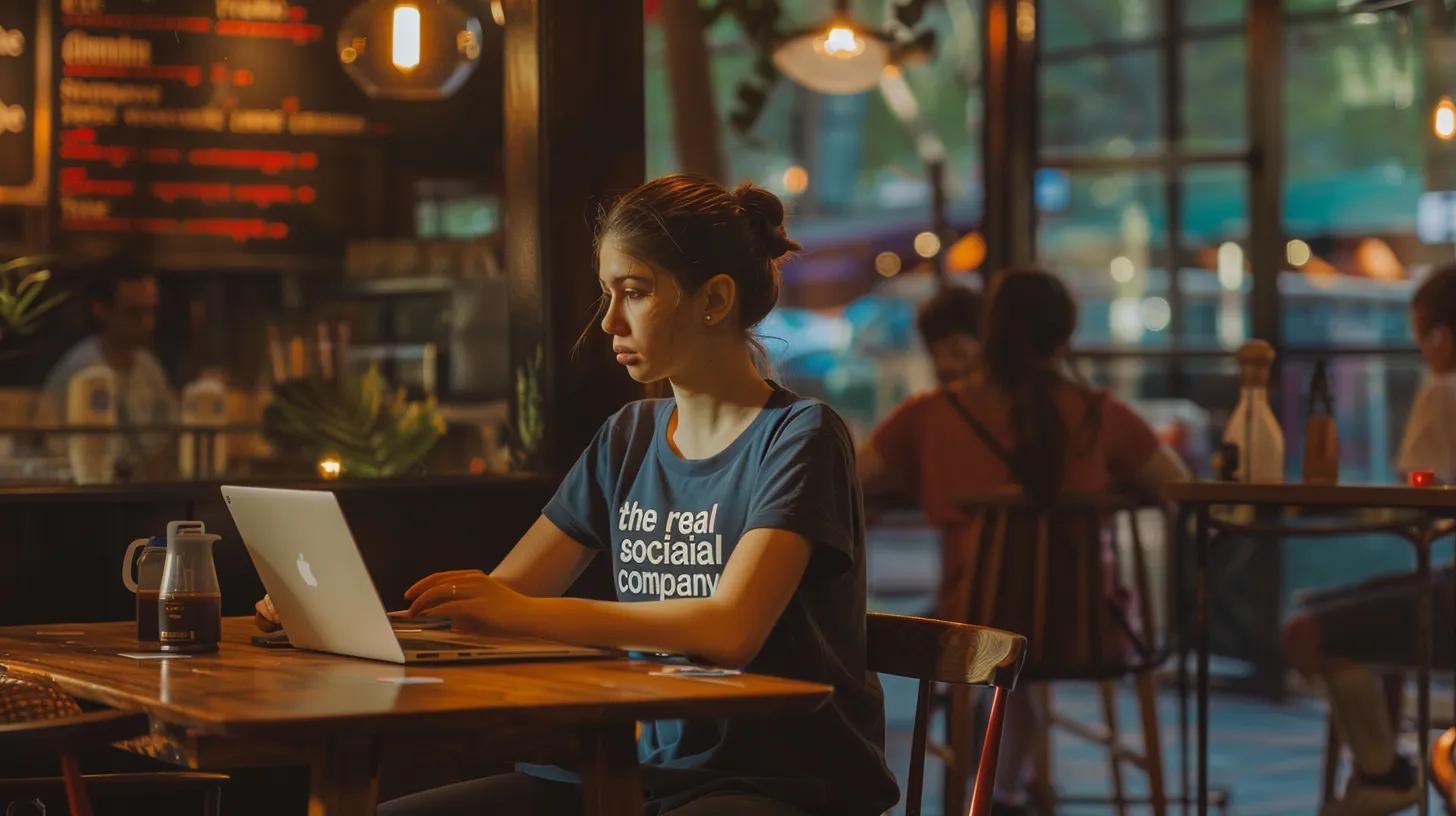 in a vibrant coffee shop filled with the hum of conversation, a girl focused on her laptop, wearing a t-shirt that reads 