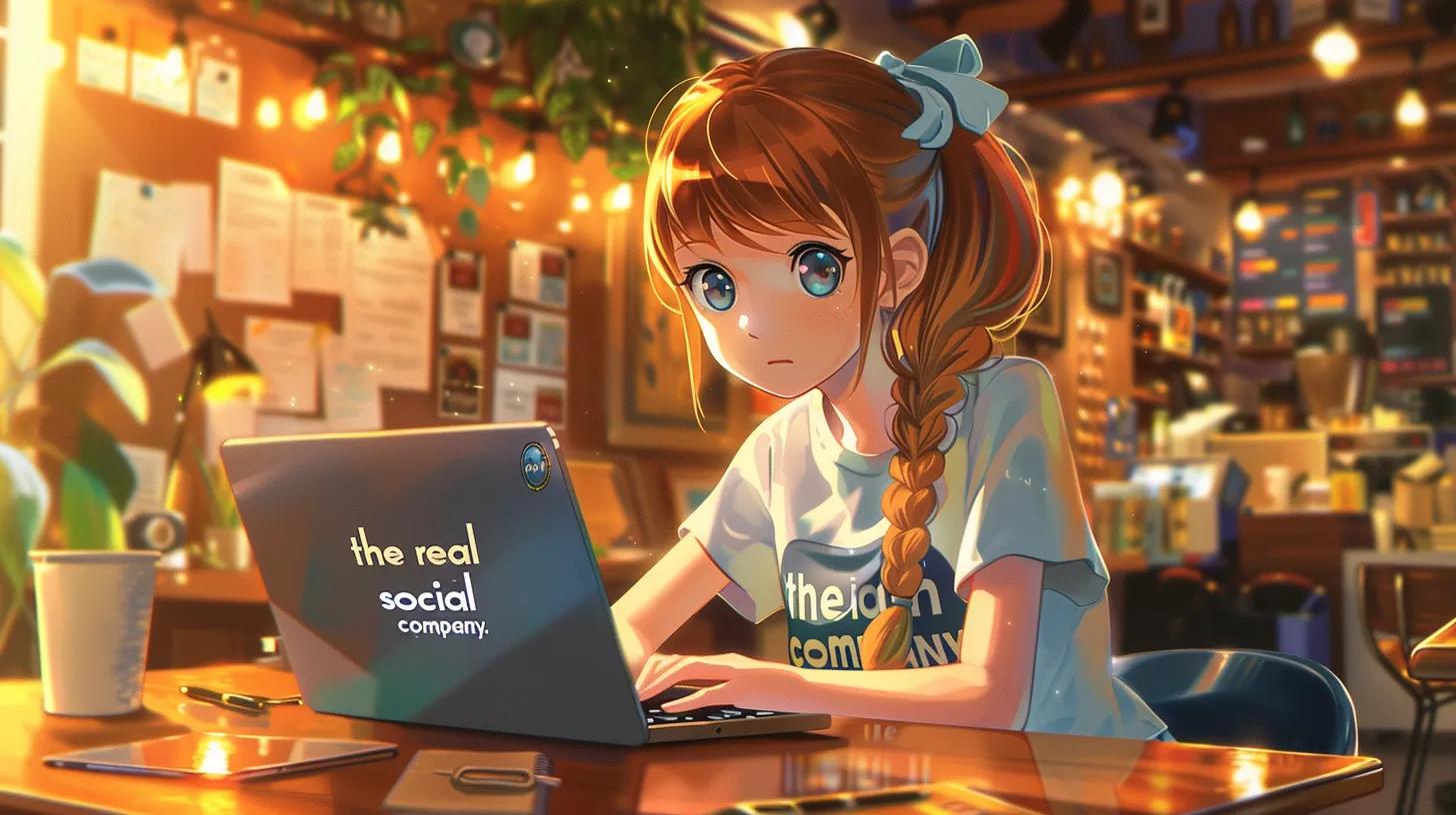 in a vibrant coffee shop setting in columbus, an anime-style girl intently works on her laptop, her t-shirt boldly displaying - The Real Social Company - Columbus Web Design, SEO, Social in a vibrant coffee shop setting in columbus, an anime-style girl intently works on her laptop, her t-shirt boldly displaying