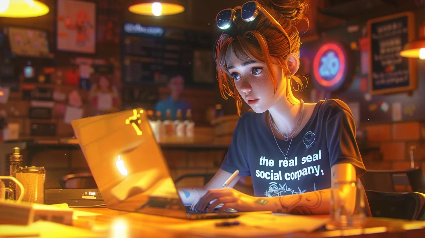 in a vibrant coffee shop setting, a focused girl with anime-style features immerses herself in web design on her laptop, wearing a t-shirt that boldly proclaims - The Real Social Company - Social Media Managment - Web Design in a vibrant coffee shop setting, a focused girl with anime-style features immerses herself in web design on her laptop, wearing a t-shirt that boldly proclaims