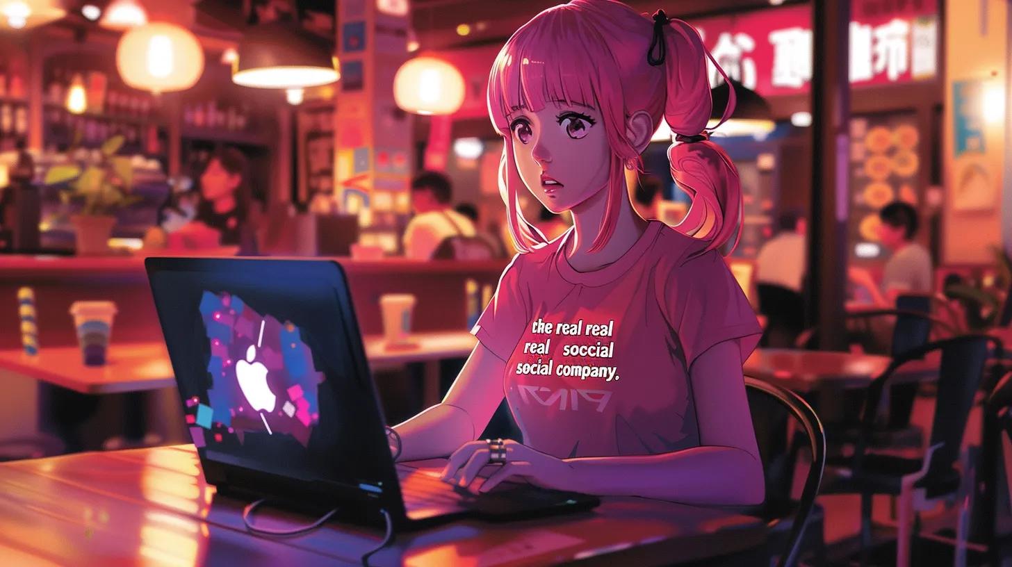 in a vibrant coffee shop setting, an anime-style girl focused on her laptop embodies the essence of digital strategy, with her t-shirt reading - The Real Social Company - Social Media Managment - Web Design in a vibrant coffee shop setting, an anime-style girl focused on her laptop embodies the essence of digital strategy, with her t-shirt reading