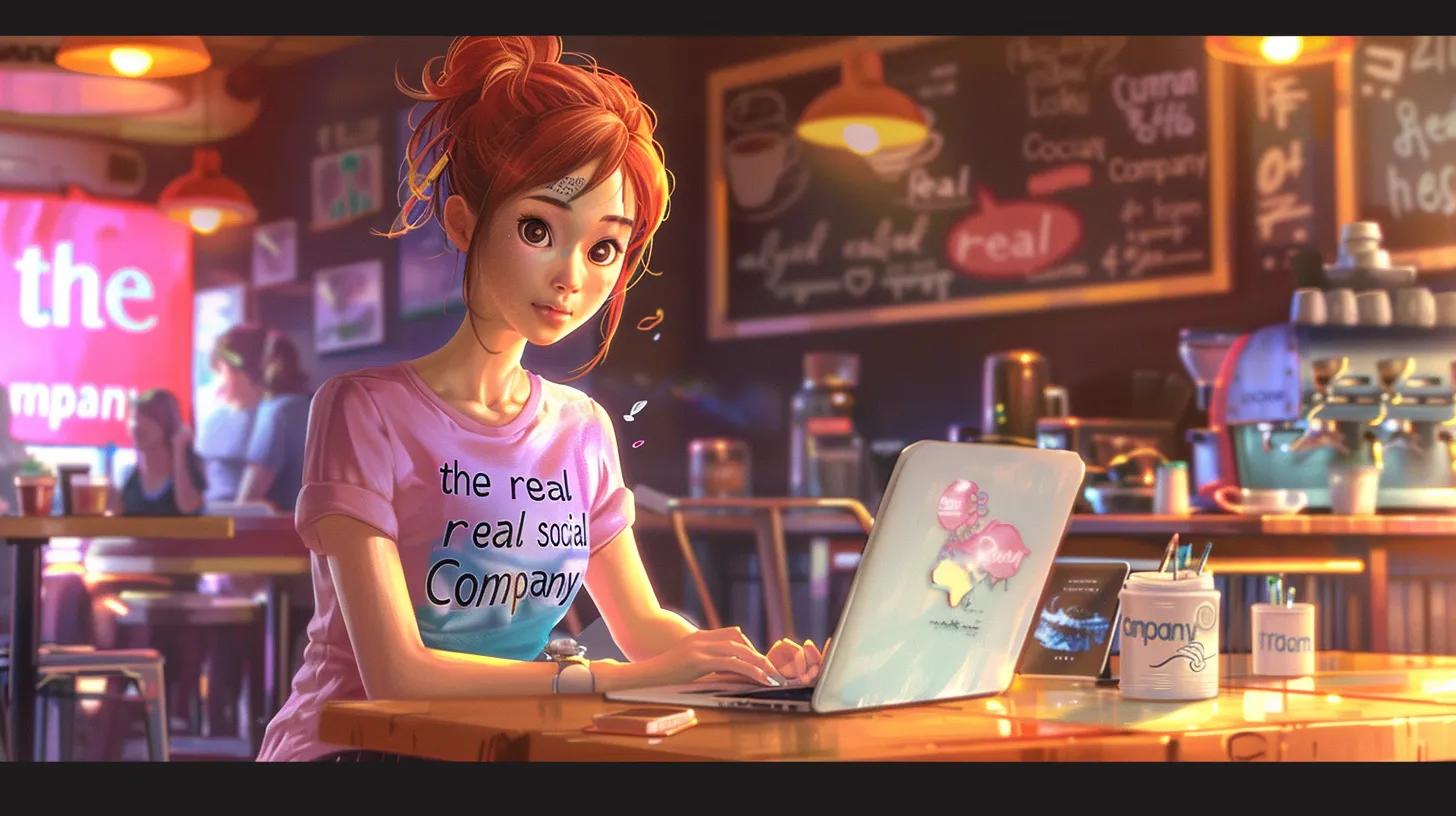 in a vibrant coffee shop setting, an anime-style girl intently works on her laptop, surrounded by modern decor, showcasing her t-shirt emblazoned with - The Real Social Company - Social Media Managment - Web Design in a vibrant coffee shop setting, an anime-style girl intently works on her laptop, surrounded by modern decor, showcasing her t-shirt emblazoned with