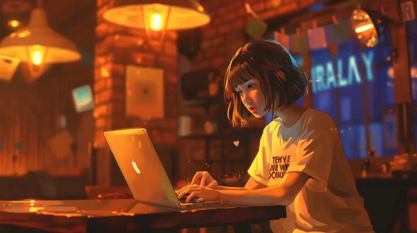 in a vibrant coffee shop setting, an anime-style girl focused on her laptop exudes creativity as she navigates social media strategies while wearing a t-shirt emblazoned with 