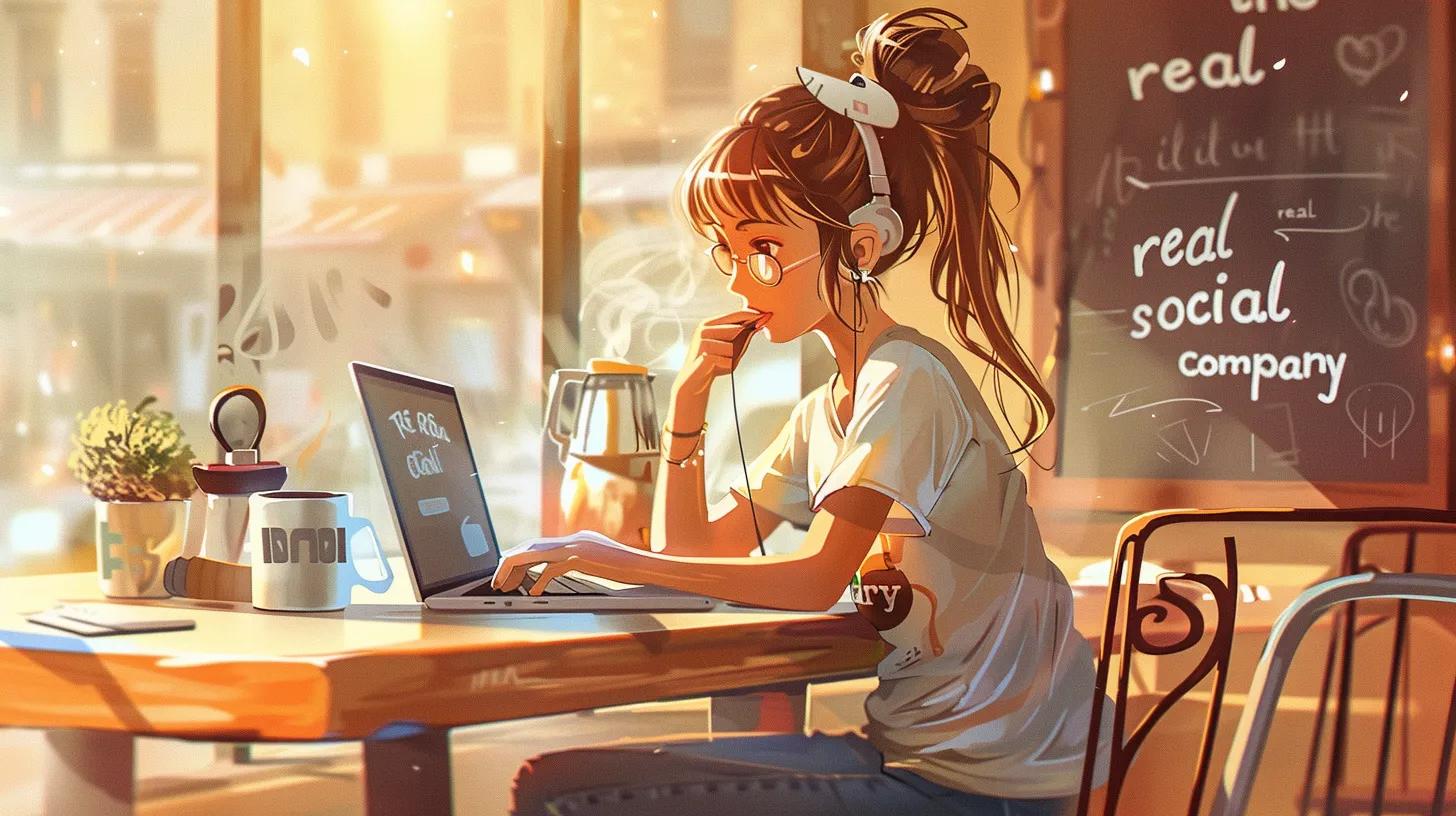 in a vibrant, modern coffee shop, an anime-style girl wearing a t-shirt that reads - The Real Social Company - Social Media Managment - Web Design in a vibrant, modern coffee shop, an anime-style girl wearing a t-shirt that reads