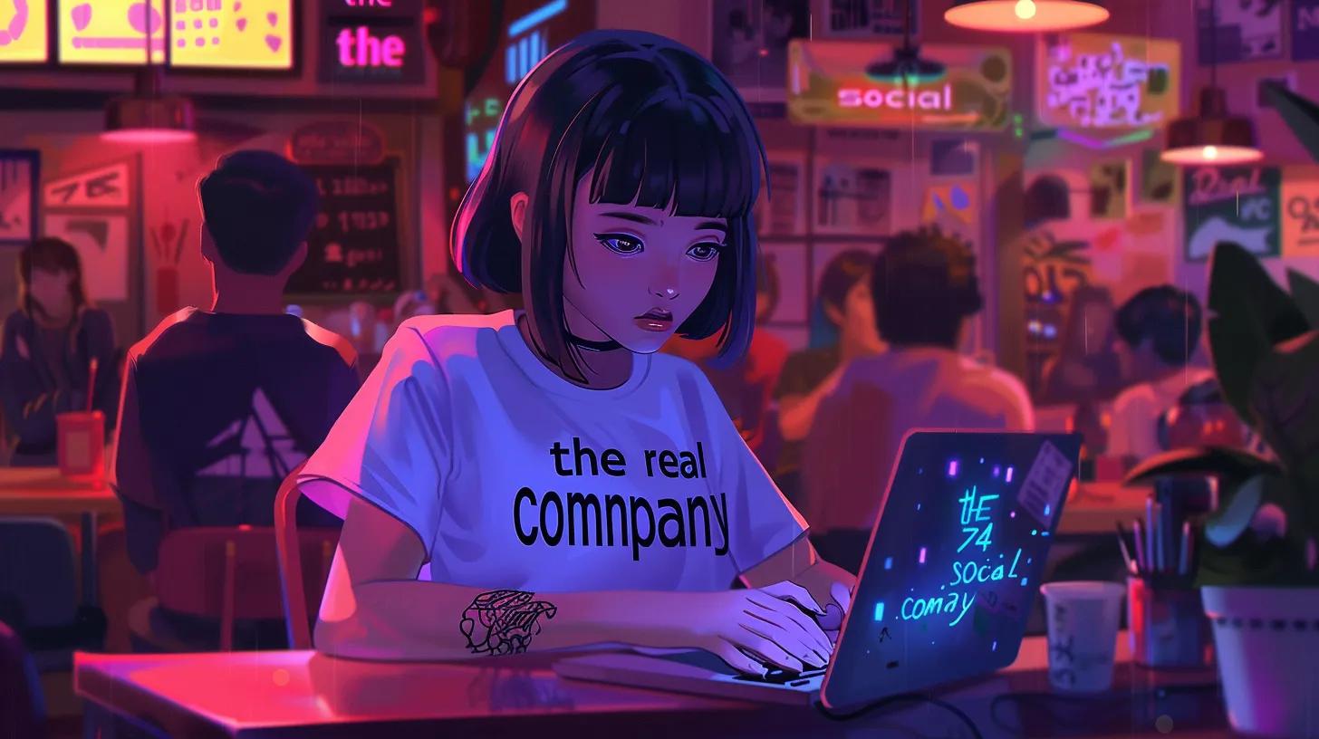 in a vibrant urban coffee shop, an anime-style girl wearing a t-shirt that reads - The Real Social Company - Social Media Managment - Web Design in a vibrant urban coffee shop, an anime-style girl wearing a t-shirt that reads