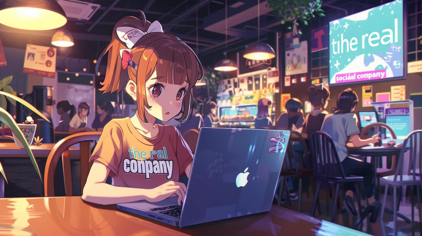 in an anime-style coffee shop, a focused girl wearing a - The Real Social Company - Social Media Managment - Web Design in an anime-style coffee shop, a focused girl wearing a