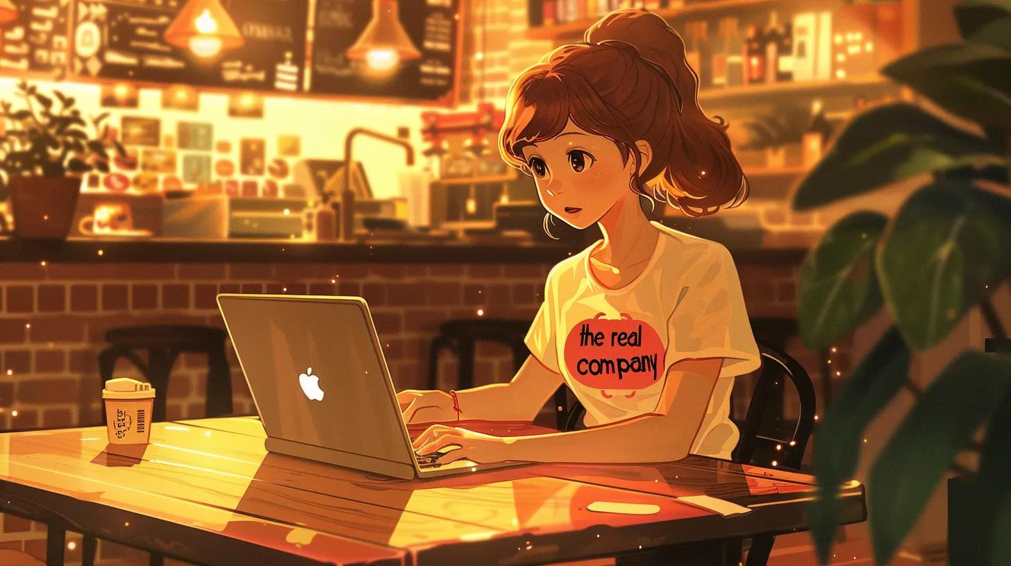 inside a bustling coffee shop, an anime-style girl sits at a sleek wooden table, engrossed in her laptop as she reviews vibrant case studies and testimonials, her t-shirt boldly proclaiming - The Real Social Company - Social Media Managment - Web Design inside a bustling coffee shop, an anime-style girl sits at a sleek wooden table, engrossed in her laptop as she reviews vibrant case studies and testimonials, her t-shirt boldly proclaiming