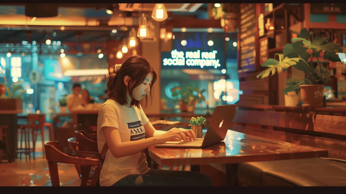 inside a cozy coffee shop, an anime-style girl intently types on her laptop, wearing a t-shirt that reads - The Real Social Company - Columbus Web Design, SEO, Social inside a cozy coffee shop, an anime-style girl intently types on her laptop, wearing a t-shirt that reads