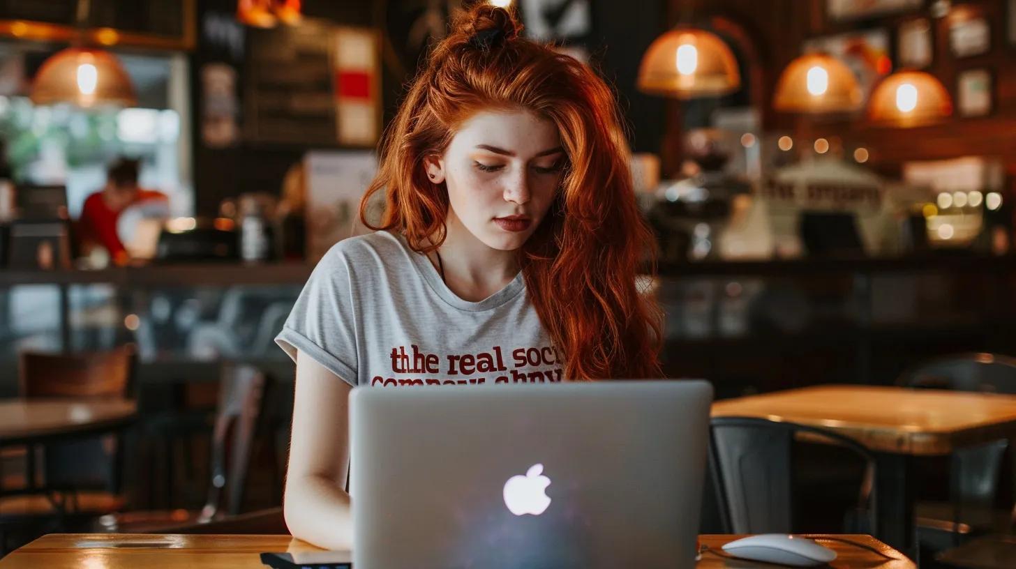 inside a vibrant coffee shop, a focused girl in a graphic tee emblazoned with - The Real Social Company - Columbus Web Design, SEO, Social inside a vibrant coffee shop, a focused girl in a graphic tee emblazoned with