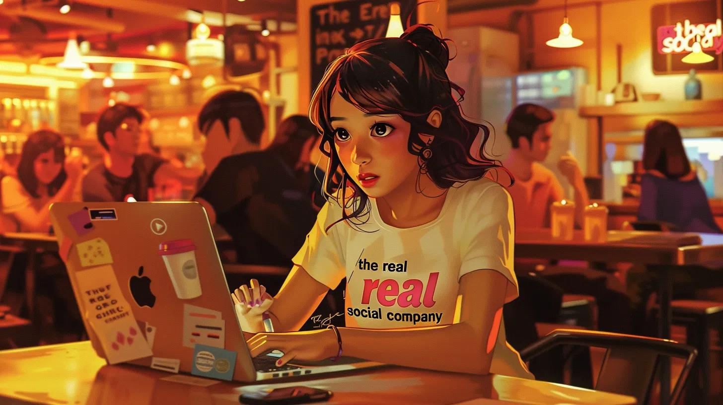 a vibrant anime-style illustration of a young woman in a bustling coffee shop, focused intently on her laptop as she navigates social media management tasks, wearing a t-shirt that boldly reads - The Real Social Company - Social Media Managment - Web Design a vibrant anime-style illustration of a young woman in a bustling coffee shop, focused intently on her laptop as she navigates social media management tasks, wearing a t-shirt that boldly reads
